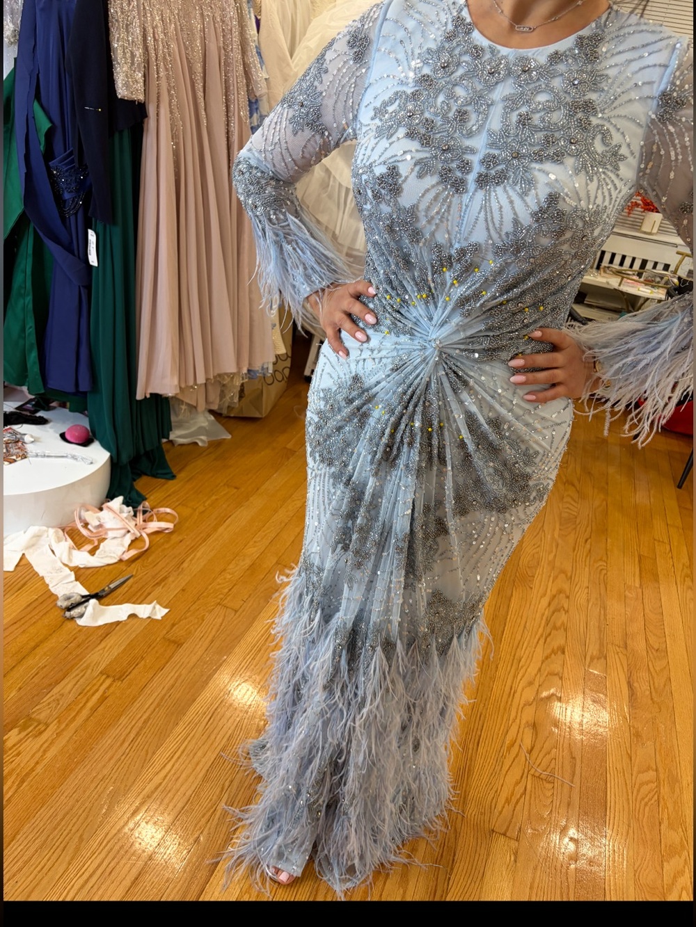 Feather Trim Embellished Maxi Dress in Light Blue